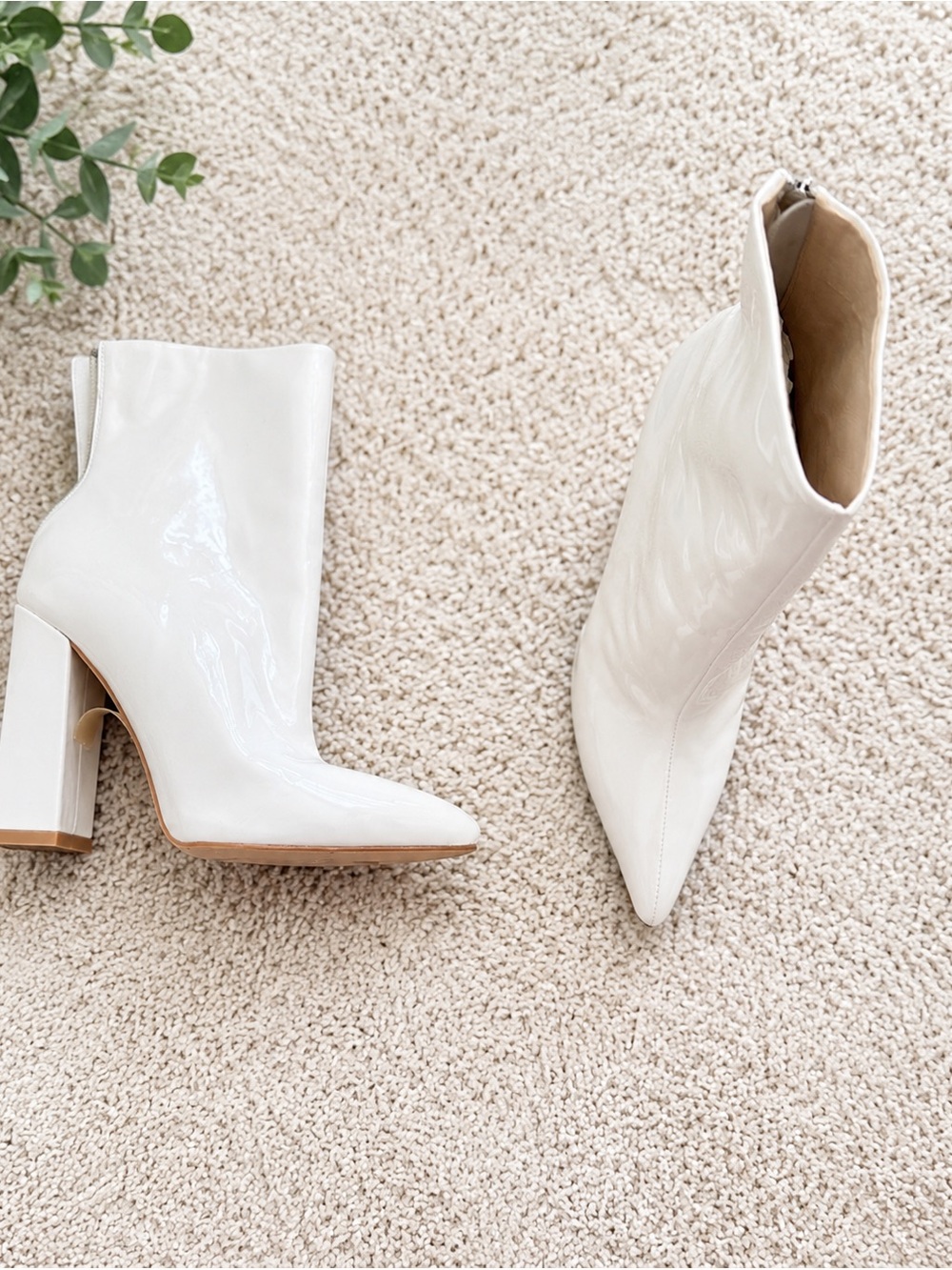 White Patent Pointed Toe Block Heel Ankle Boots - Women